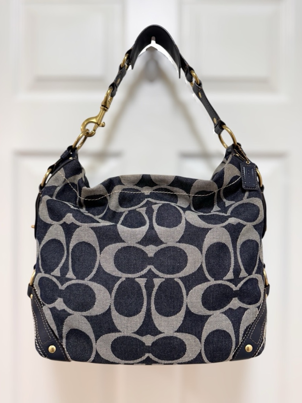 Coach Carly Large Signature Denim Navy Blue Leather Hobo Bag Rare Vintage Y2K